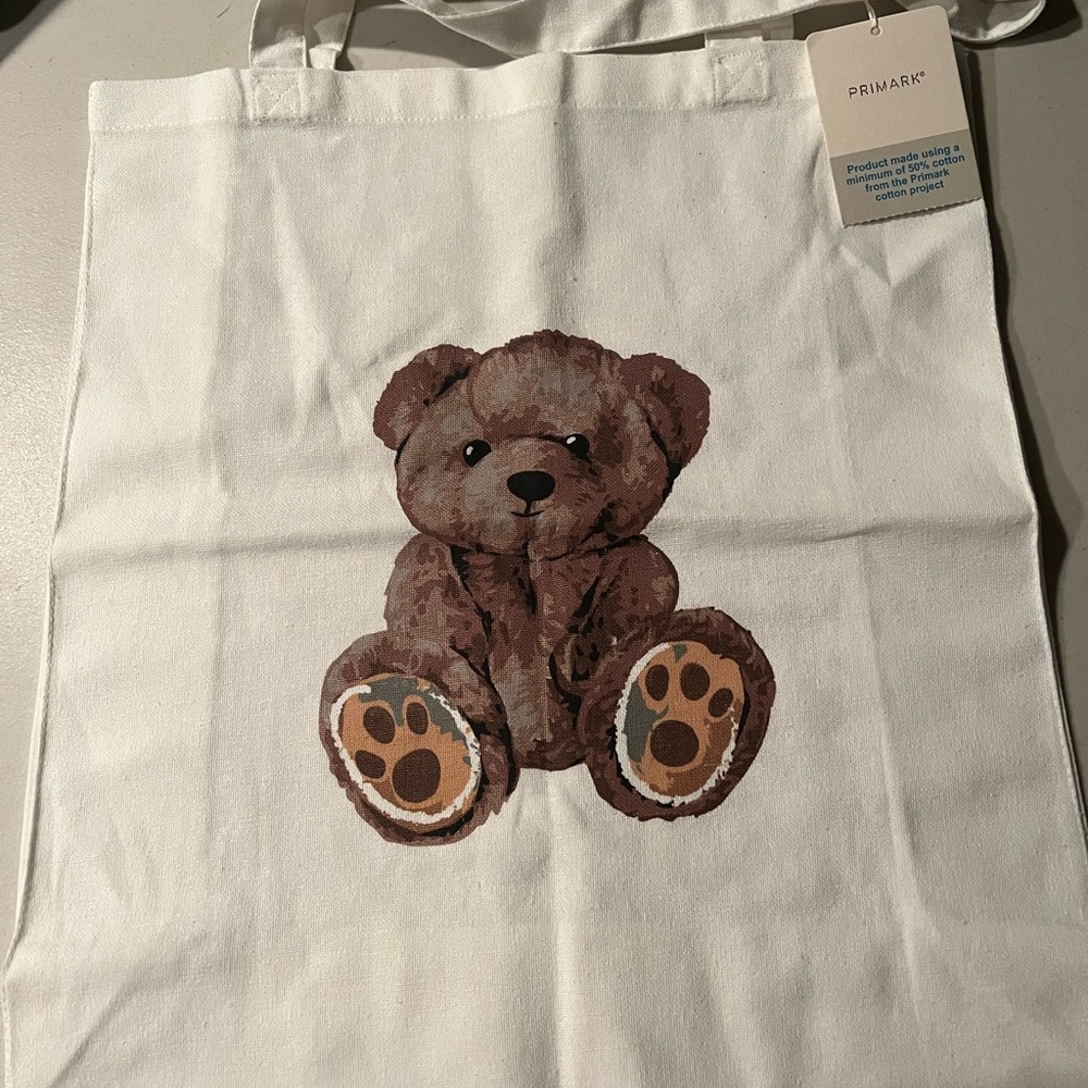 Primark White Tote Bag with Brown Teddy Bear Design